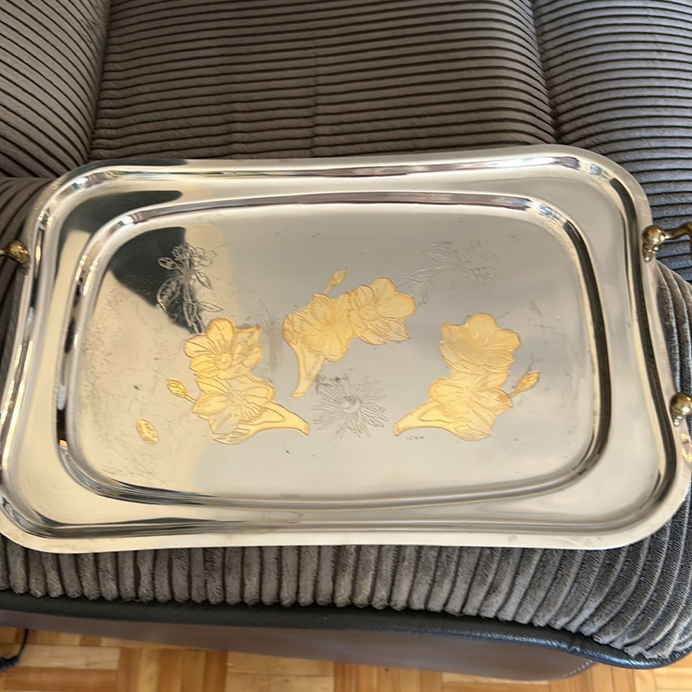 Elegant Silver Tray with Gold Floral Design - Picture 7 of 9